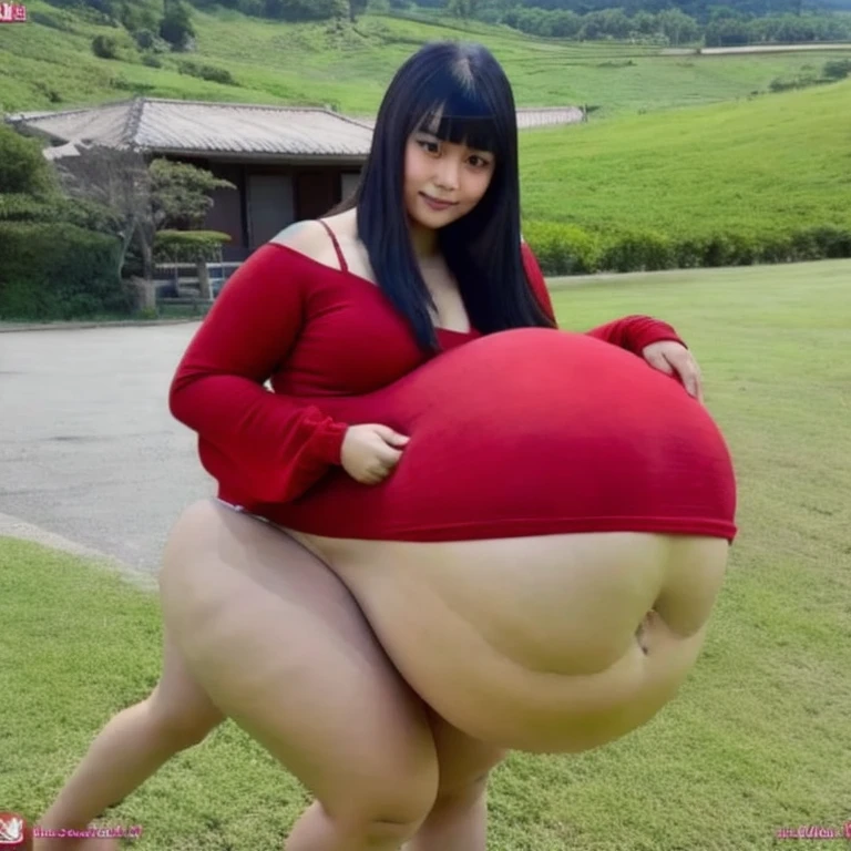 A Asian girl in a red swimsuit and straight black hair with bangs big belly vore with a fat ass and big 