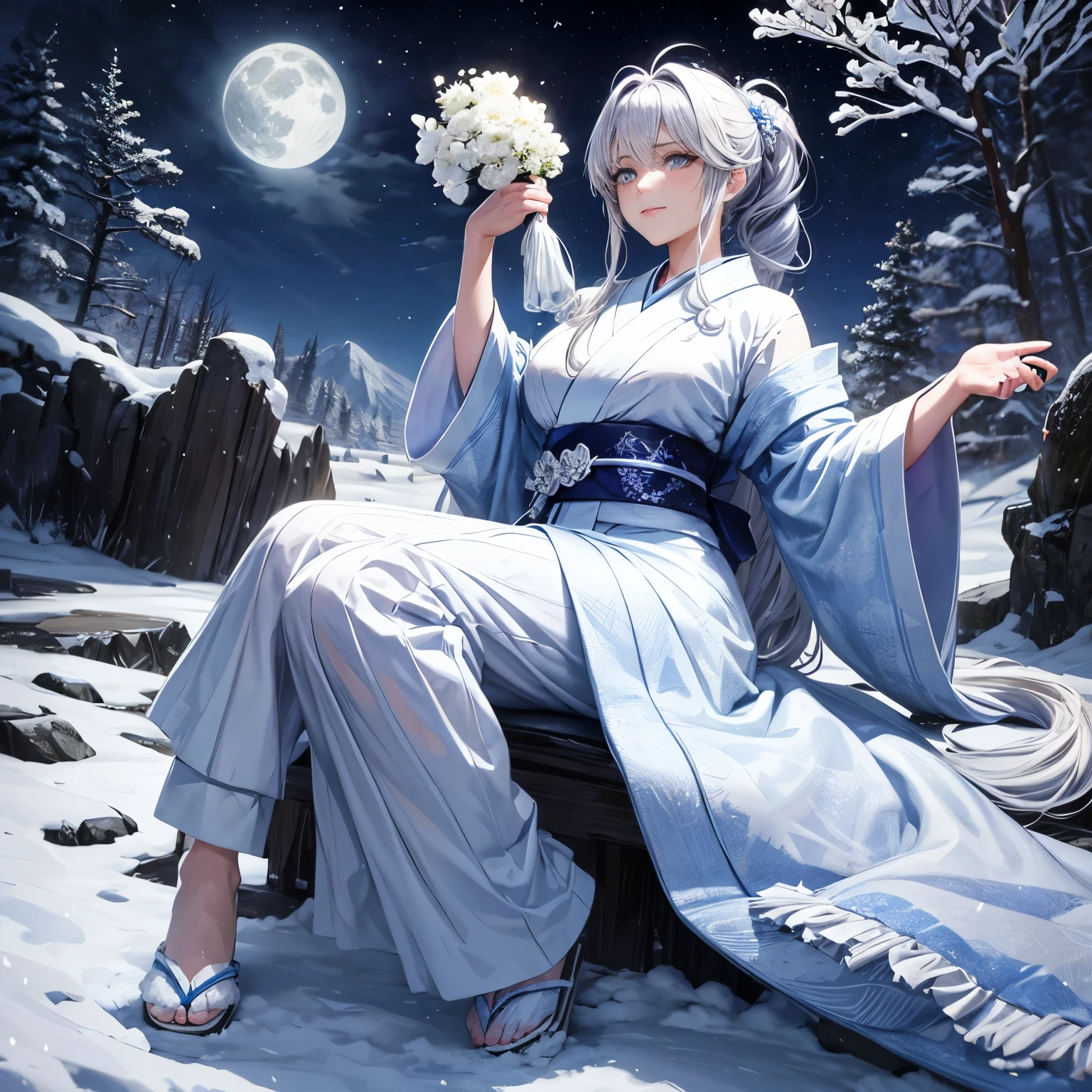 1 adult woman, full body, with silver, curly, voluminous hair, tied in a ponytail, white eyes (byakugan), wearing a long blue and white kimono, on a snowy mountain in the moonlight
