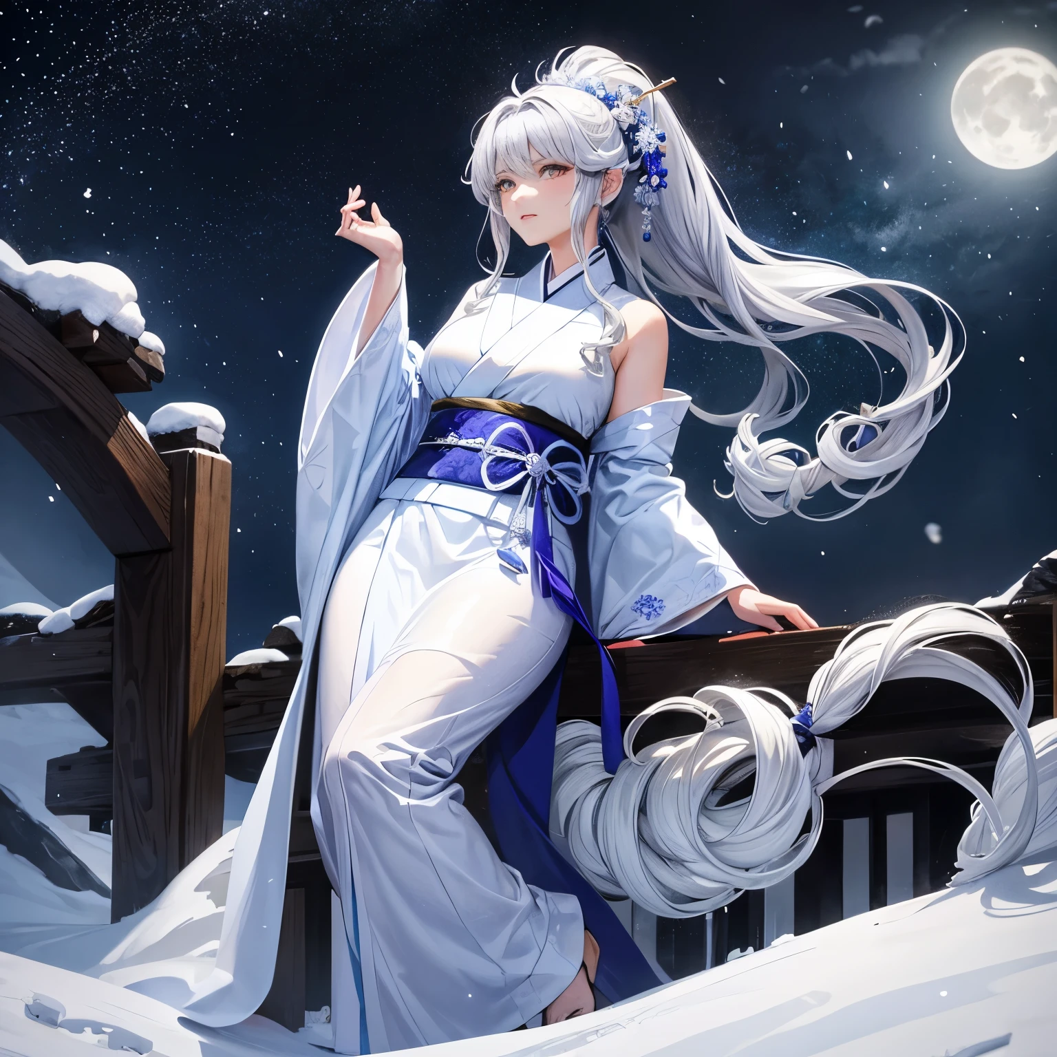 1 adult woman, full body, with silver, curly, voluminous hair, tied in a ponytail, white eyes (byakugan), wearing a long blue and white kimono, on a snowy mountain in the moonlight