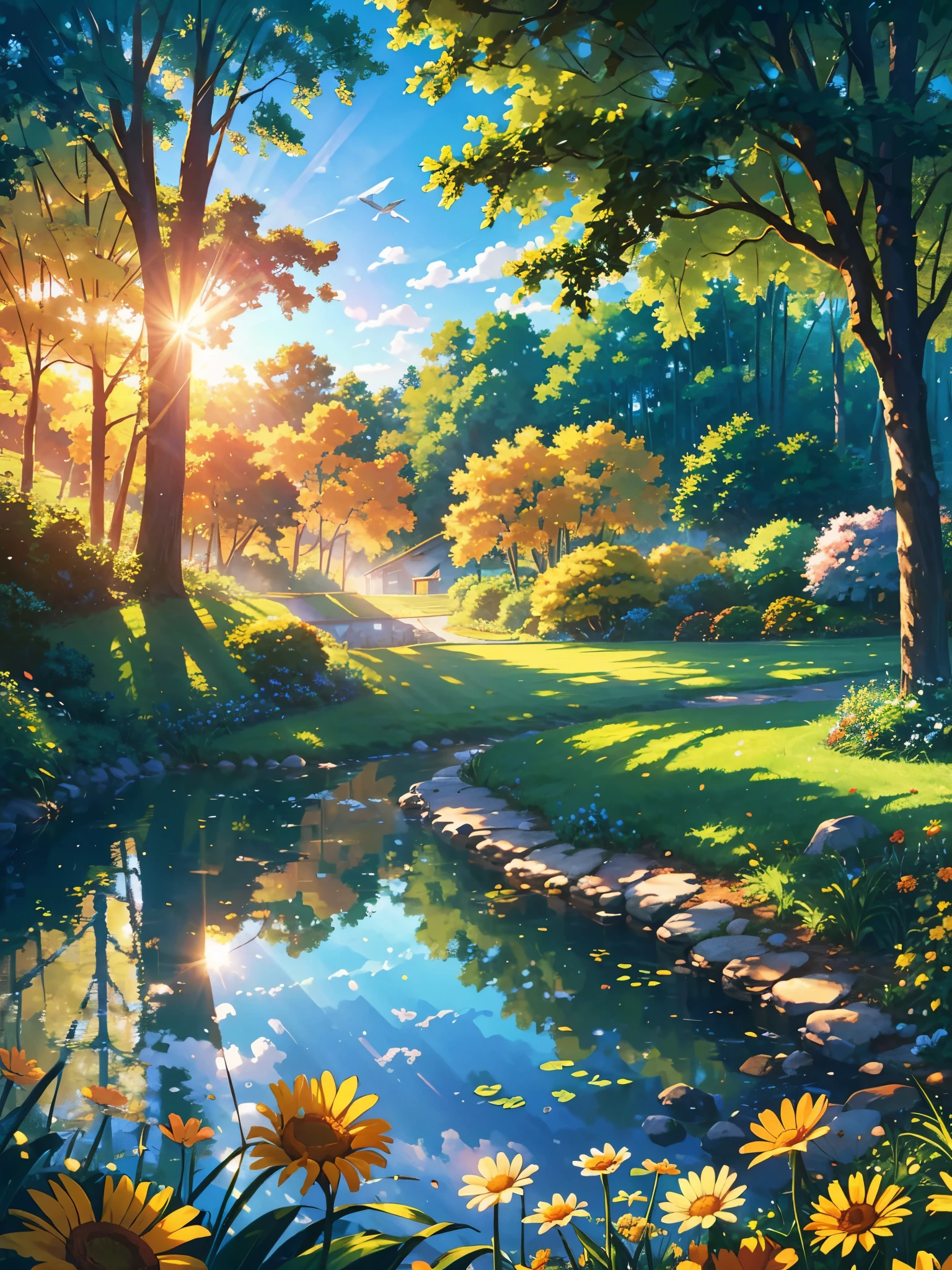  clear blue sky stretches filled with white soft fluffy clouds reflecting the warm hues of sun above the garden with a vibrant green pasture, The scene is peaceful, colorful flowers,The sun’s rays filter through the dense canopy of trees, casting a warm
nature hot, summer day, photorealistic, High quality image, 8K, high detail, perfect precision, perfect composition, Elegant and charming, Realistic style, Warm colors, Soft shadows, sharp details , HD quality , higher lighting style