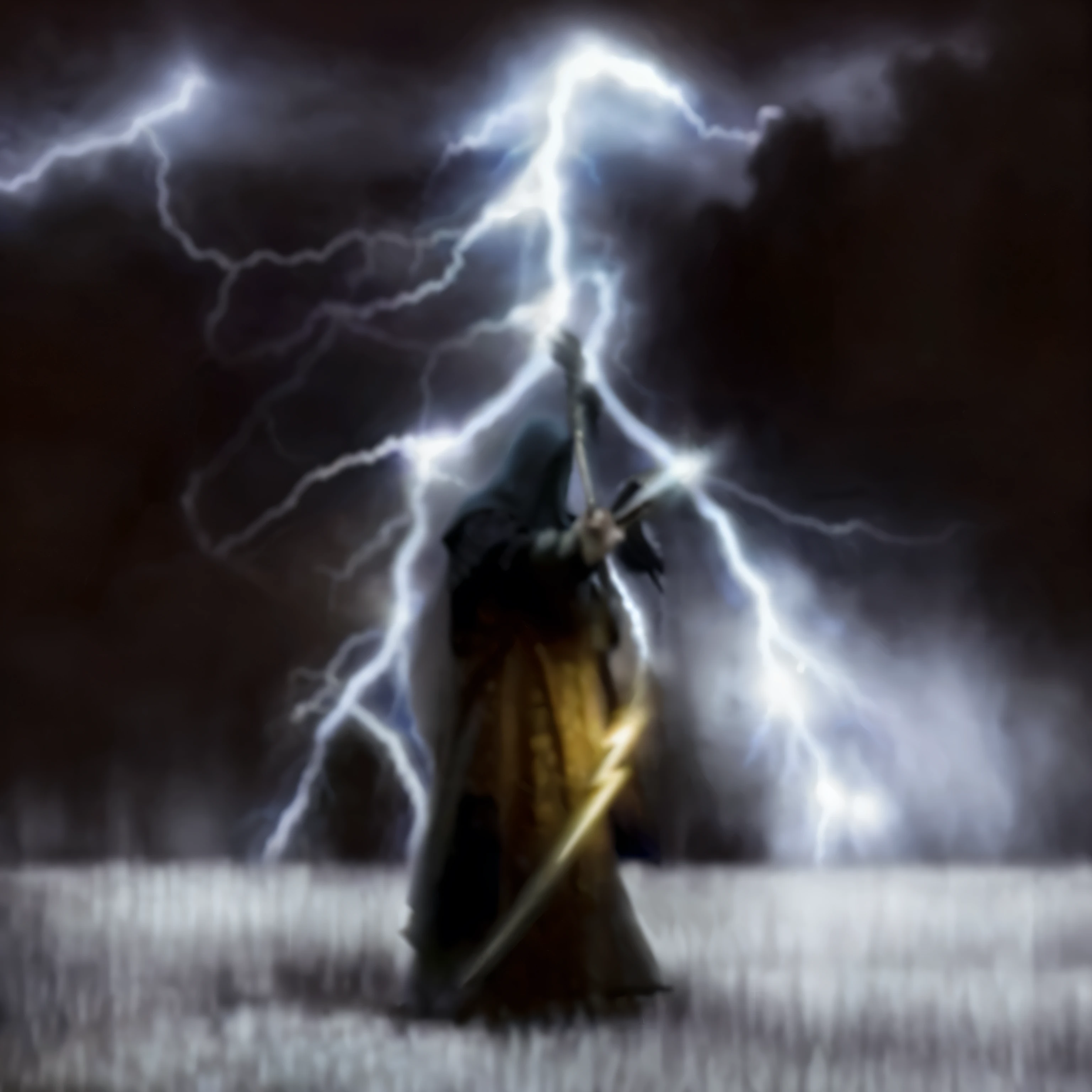 almentar qualidade, night wizard raising a staff while there is lightning behind him