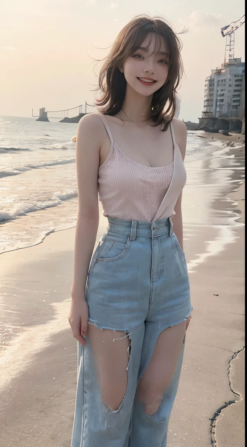 Best image quality、RAW Photos、超A high resolution、21 years old Korean、Small breasts、Dynamic Angle、Cowboy Shot、Chaos in its most beautiful form、elegant、Brutalist Design、Vibrant colors、Beautiful white hair、Short Bob、smile、fun、smile、Glowing White Skin、Beautiful eyes with random colors、Very thin lips、Beautiful eyes in every detail、length, Narrow eyes、Cheeks are pale pink、length eyelashes、Beautiful double eyelids、eye shadow、Bright white hair、Overalls、Sandy Beach、Shooting from the side、Full Body Shot、The wind is blowing