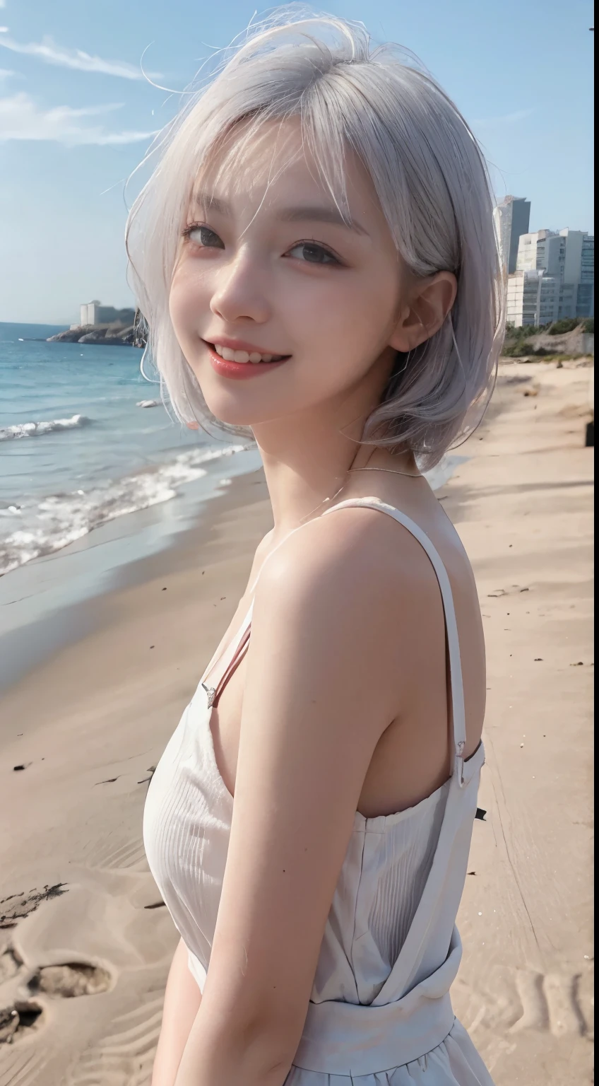 Best image quality、RAW Photos、超A high resolution、21 years old Korean、Small breasts、Dynamic Angle、Cowboy Shot、Chaos in its most beautiful form、elegant、Brutalist Design、Vibrant colors、Beautiful white hair、Short Bob、smile、fun、smile、Glowing White Skin、Beautiful eyes with random colors、Very thin lips、Beautiful eyes in every detail、length, Narrow eyes、Cheeks are pale pink、length eyelashes、Beautiful double eyelids、eye shadow、Bright white hair、Overalls、Sandy Beach、Shooting from the side、Full Body Shot、The wind is blowing