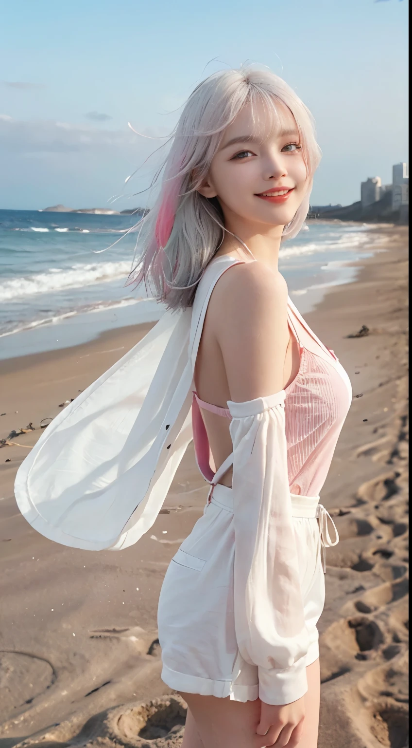Best image quality、RAW Photos、超A high resolution、21 years old Korean、Small breasts、Dynamic Angle、Cowboy Shot、Chaos in its most beautiful form、elegant、Brutalist Design、Vibrant colors、Beautiful white hair、Short Bob、smile、fun、smile、Glowing White Skin、Beautiful eyes with random colors、Very thin lips、Beautiful eyes in every detail、length, Narrow eyes、Cheeks are pale pink、length eyelashes、Beautiful double eyelids、eye shadow、Bright white hair、Overalls、Sandy Beach、Shooting from the side、Full Body Shot、The wind is blowing