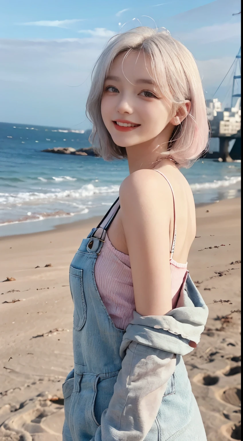 Best image quality、RAW Photos、超A high resolution、21 years old Korean、Small breasts、Dynamic Angle、Cowboy Shot、Chaos in its most beautiful form、elegant、Brutalist Design、Vibrant colors、Beautiful white hair、Short Bob、smile、fun、smile、Glowing White Skin、Beautiful eyes with random colors、Very thin lips、Beautiful eyes in every detail、length, Narrow eyes、Cheeks are pale pink、length eyelashes、Beautiful double eyelids、eye shadow、Bright white hair、Overalls、Sandy Beach、Shooting from the side、Full Body Shot、The wind is blowing
