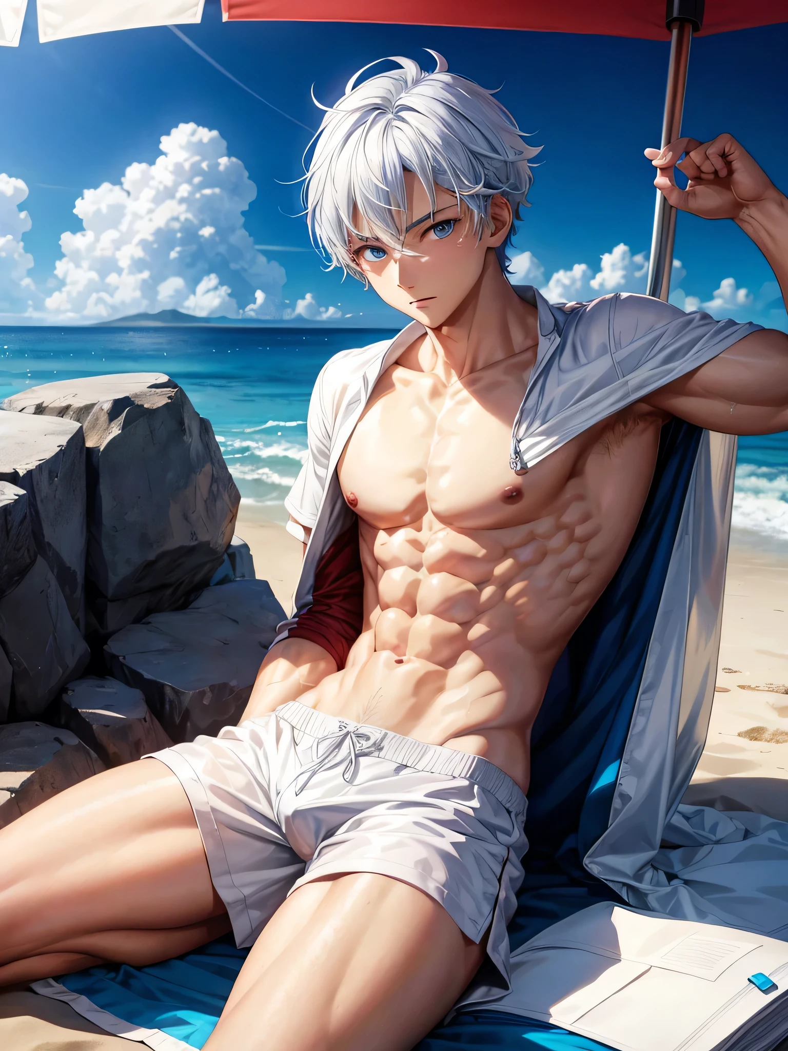 Anime guy about 15, shirtless, with blue eyes and white hair, muscular, 6 pack abs, with white shorts, on the beach