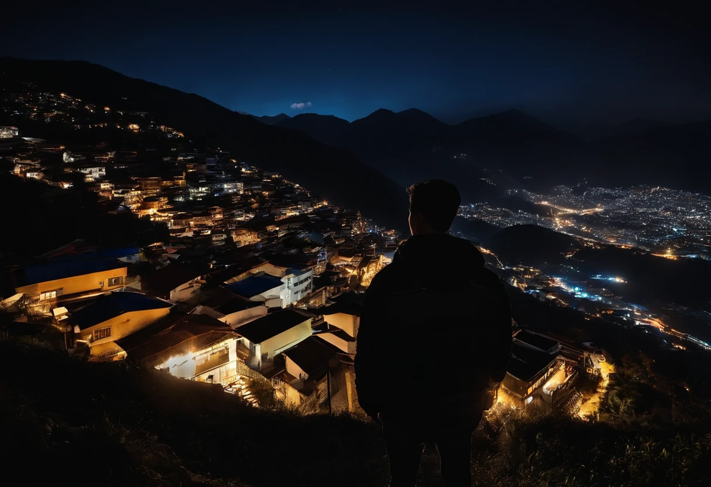 Night scene, night sky, city on top of the hill, far in the background, gangtok, sikkim, night life, lights on from the houses far, a boy standing in the middle of the frame, wearing jacket, watching the hill scene, realistic, google pixel night photography, night mode, pixel astro photography, 0.5x wide lens, hdr, good detail,