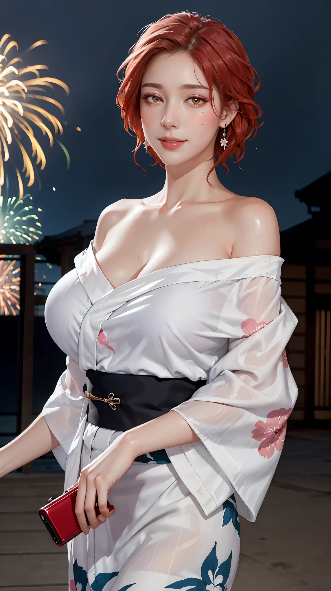 ((((masterpiece, best quality, high resolution)))), Extremely detailed 8K, Beautiful girl with voluptuous body, (Ultra HD, Ultra-detailed, Highly detailed, Highly realistic, Ultra-realistic, photograph realistic), (1girl:1.5), (Realistic red hair), (short wavy hair, earrings), (dynamic poses), facing at camera, looking at viewer, (blushing red, embarrassed, smile), (pink eyes, sharp eyes), (huge perky breasts:1.2), (beautiful detailed face, beautiful detailed eyes), ((fluffy off-shoulder yukata)), (standing up), sweat, glow, ((cowboy shot)), firework festival