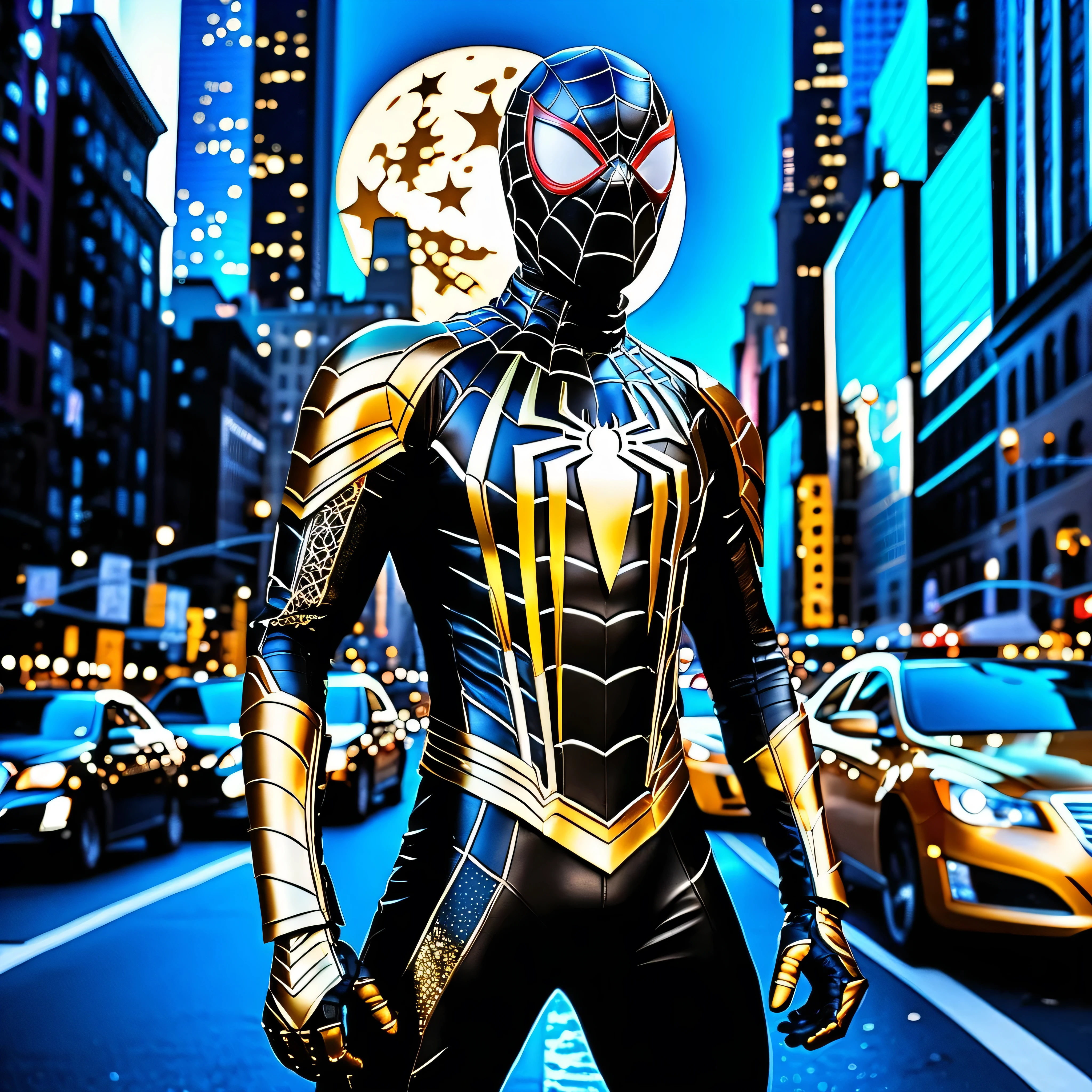 Epic ～artistic interpretation of ((male spiderman)), (((Decorated with impressive black and gold armor with intricate designs。))), Under the bright glow of the full moon、Standing heroically in the middle of a busy street in New York City. suits with intricate designs、Shines with a glossy black and sparkling gold finish。, Highlights the webslinger&#39;s agility and grace. Spider-Man&#39;s iconic pose exudes strength and alertness, He looks out over the city from a vantage point.. New York streets come alive at night, Brilliant city lights illuminate the landscape. The moon is shining brightly overhead, Cast a fantastic glow on the scene. A cityscape filled with a symphony of colors and reflections, Create a visually appealing atmosphere.Art style is inspired by the work of Alex Ross。, Combines elements of realism and superhero aesthetics. dynamic camera angle, Expressing Spider-Man&#39;s dynamic presence against the backdrop of the city that never sleeps. A rendering style that combines hyperrealism and surrealism., evoke a sense of awe and wonder. Images produced in breathtaking, A masterpiece that allows for unparalleled levels of detail and rich visuals))), (ultra High resolution), ((super cinematic lighting)), Award-winning photo, epic micro ultra high-details, varies multi etc. --v 6 --s 1000 --c 20 --q 5 --chaos 100