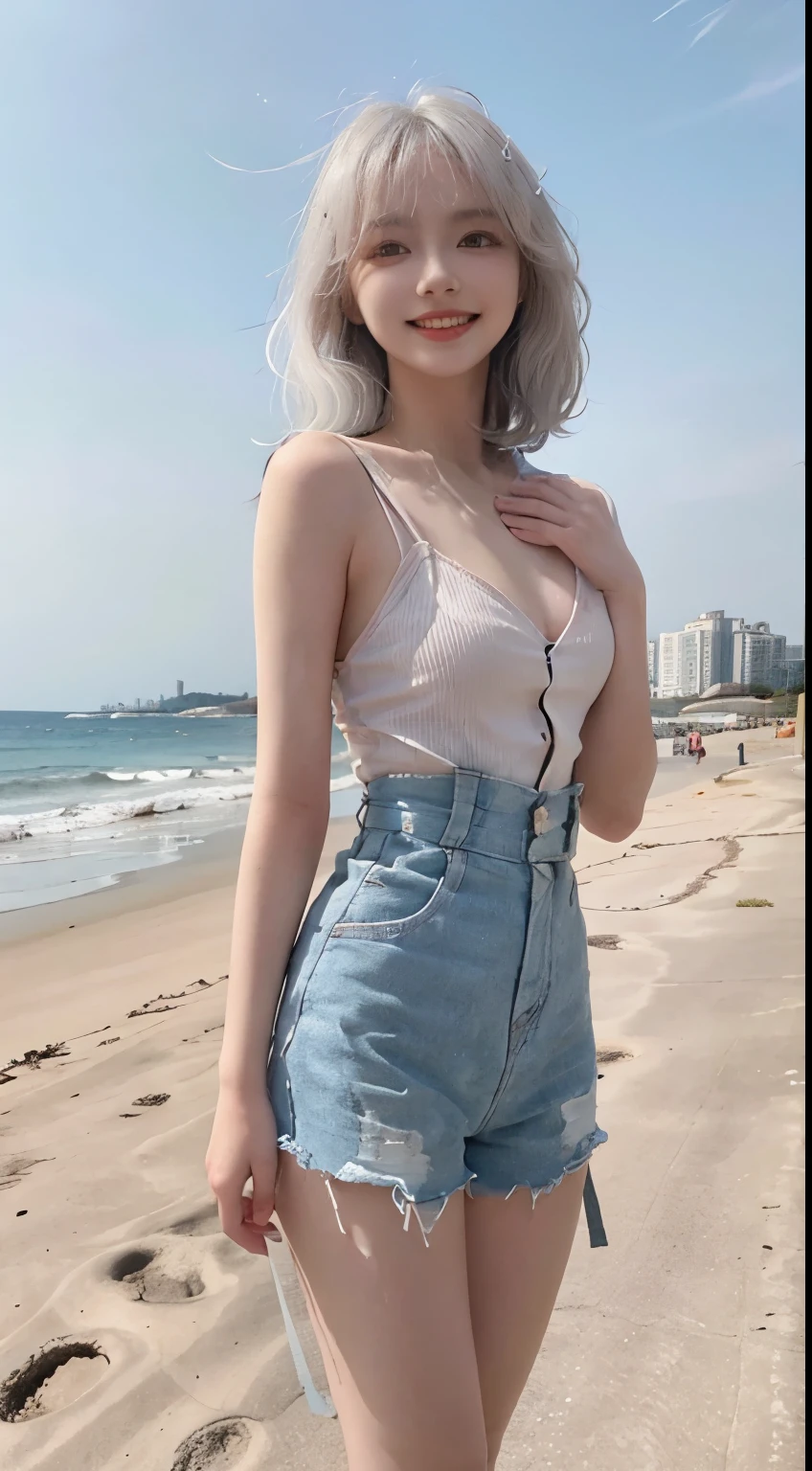 Best image quality、RAW Photos、超A high resolution、21 years old Korean、Small breasts、Dynamic Angle、Cowboy Shot、Chaos in its most beautiful form、elegant、Brutalist Design、Vibrant colors、Beautiful white hair、Short Bob、smile、fun、smile、Glowing White Skin、Beautiful eyes with random colors、Very thin lips、Beautiful eyes in every detail、length, Narrow eyes、Cheeks are pale pink、length eyelashes、Beautiful double eyelids、eye shadow、Bright white hair、Overalls、Sandy Beach、Shooting from the side、Full Body Shot、The wind is blowing