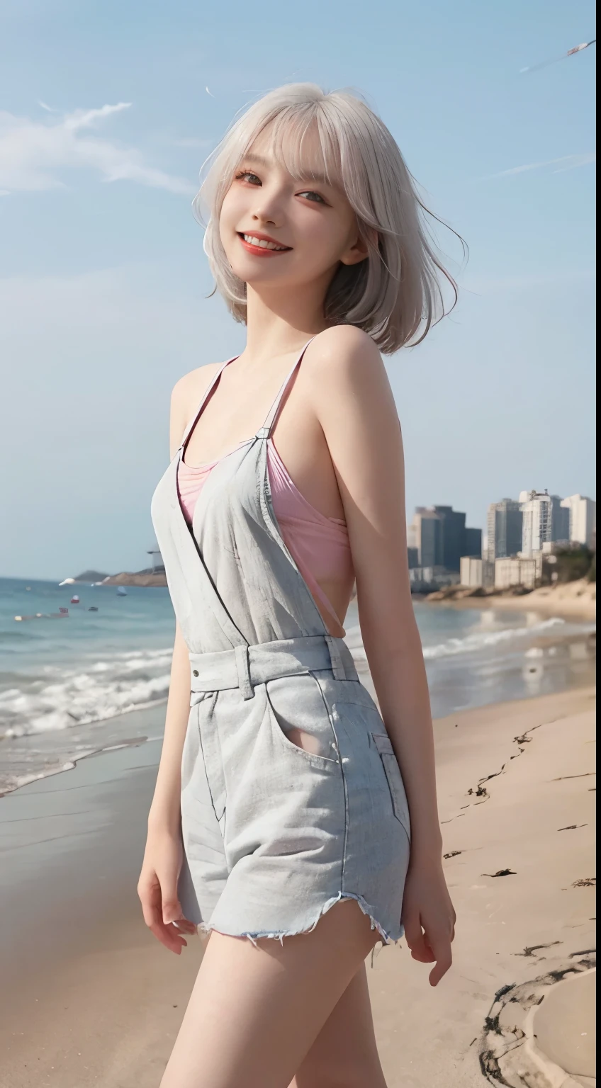 Best image quality、RAW Photos、超A high resolution、21 years old Korean、Small breasts、Dynamic Angle、Cowboy Shot、Chaos in its most beautiful form、elegant、Brutalist Design、Vibrant colors、Beautiful white hair、Short Bob、smile、fun、smile、Glowing White Skin、Beautiful eyes with random colors、Very thin lips、Beautiful eyes in every detail、length, Narrow eyes、Cheeks are pale pink、length eyelashes、Beautiful double eyelids、eye shadow、Bright white hair、Overalls、Sandy Beach、Shooting from the side、Full Body Shot、The wind is blowing