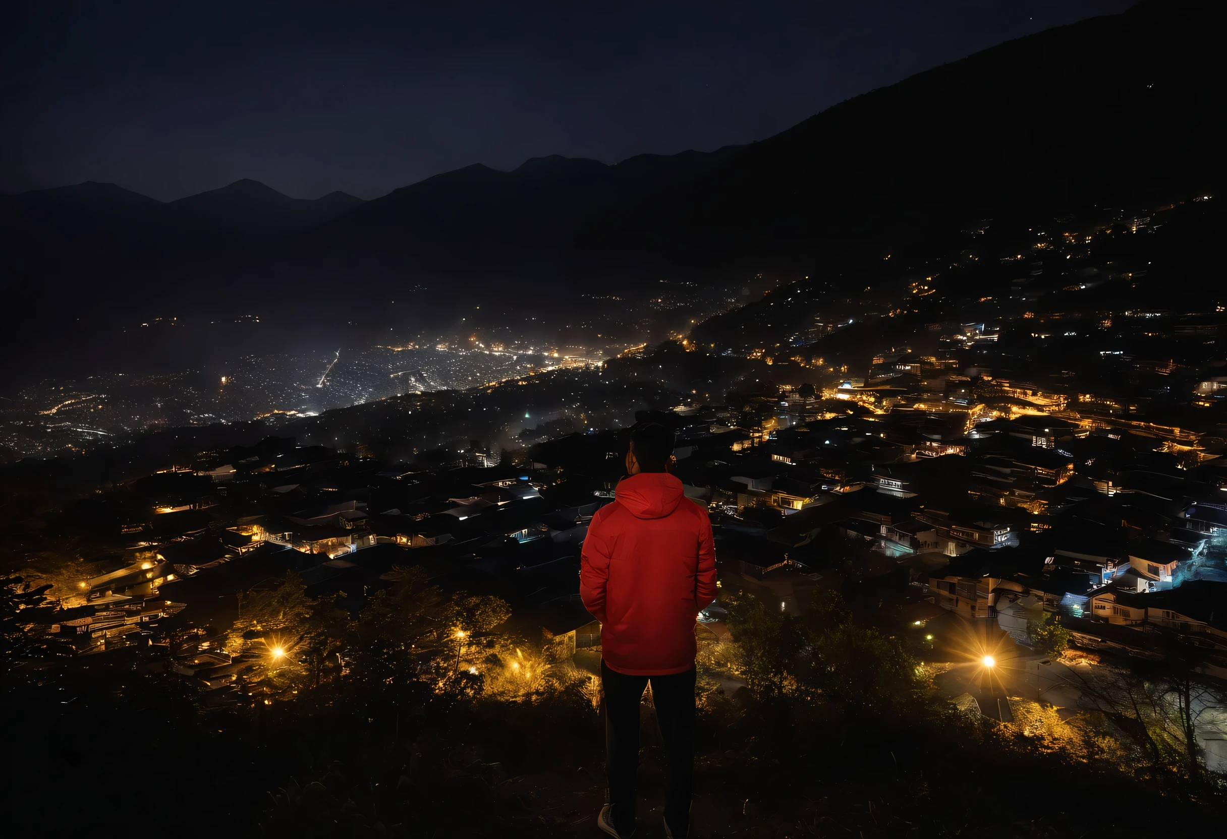 Night scene, night sky, city on top of the hill, far in the background, gangtok, sikkim, night life, lights on from the houses far, a boy standing in the middle of the frame, wearing jacket, watching the hill scene, realistic, google pixel night photography, night mode, pixel astro photography, 0.5x wide lens, hdr, good detail, 