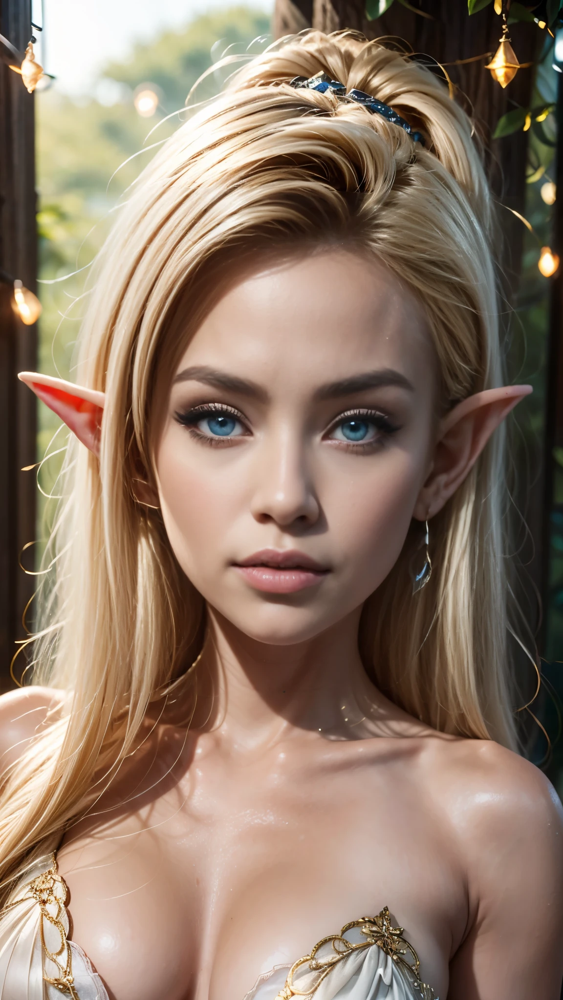 PastelGothAI, elf, pointy ears, blonde hair with red strands,