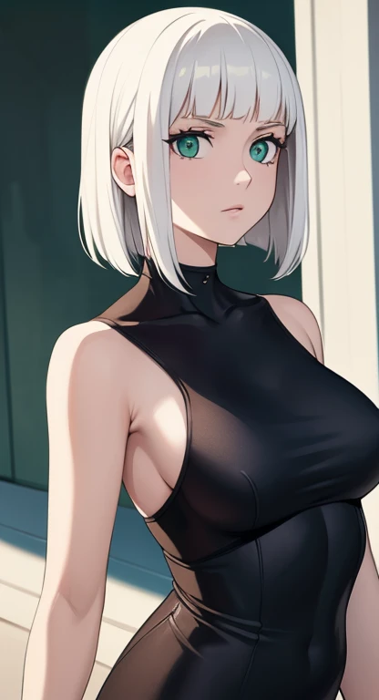 masterpiece, best quality, solo, woman, entitled Karen, green eyes, white hair,