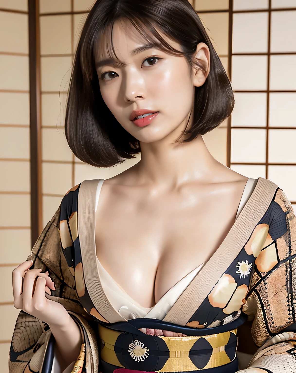 (Kimono with tortoise shell pattern, Complex colors:1.4),
((highest quality, 8k, masterpiece: 1.3)), Perfect body beauty: 1.4, (Breast A cup:1.2), Small breasts, Round shaped breasts, Perfectly shaped breasts, Highly detailed face, Beautiful woman, (Dark brown shortcuts), Slim face, Highly detailed face and skin texture, Highly detailed lips, (Realistic:1.4),
((38 years old, A sexy and beautiful hostess:1.2)),
((Narrow Japanese-style room, Shoji screen, She takes off her kimono on the white bed, See-through underwear, I can see your beautiful thighs, Manicured pubic hair:1.7)),
((Sexy atmosphere, hold out your lips, Feeling it when it is inserted into the female genitals, A sigh escapes, Disheveled Hair, Hold your chest with your hands)),
((Dark room, Lantern:1.2)),
((Squint your eyes)),
((purse your lips:1.2)),
((Blushing:1.2)),
((Open your mouth a little to show your white teeth)),
((Fluffy cleavage,Flat Chest:1.2)),
Narrow shoulders, Long, slender legs, Thin waist,
Ultra-detailed skin, Glossy Skin, Ultra detailed face, Ultra detailed breasts,
Ultra-detailed eyes, Slit eyes, Brown eyes, double eyelid, Beautiful thin eyebrows, Thin, long eyelashes,
Ultra-detailed lips, Fuller lips, Glossy pink lips, Flushed Cheeks, White teeth,
Beautiful actress's languid make-up, Pink lipstick, Smoky eyeshadow, Eye foundation,
Dark brown hair, Delicate and soft hair, Hair blowing in the wind,
(Elegantly putting your hair up, short hair, Straight Hair:1.5), Layered Cut, (Blunt bangs:1.2),