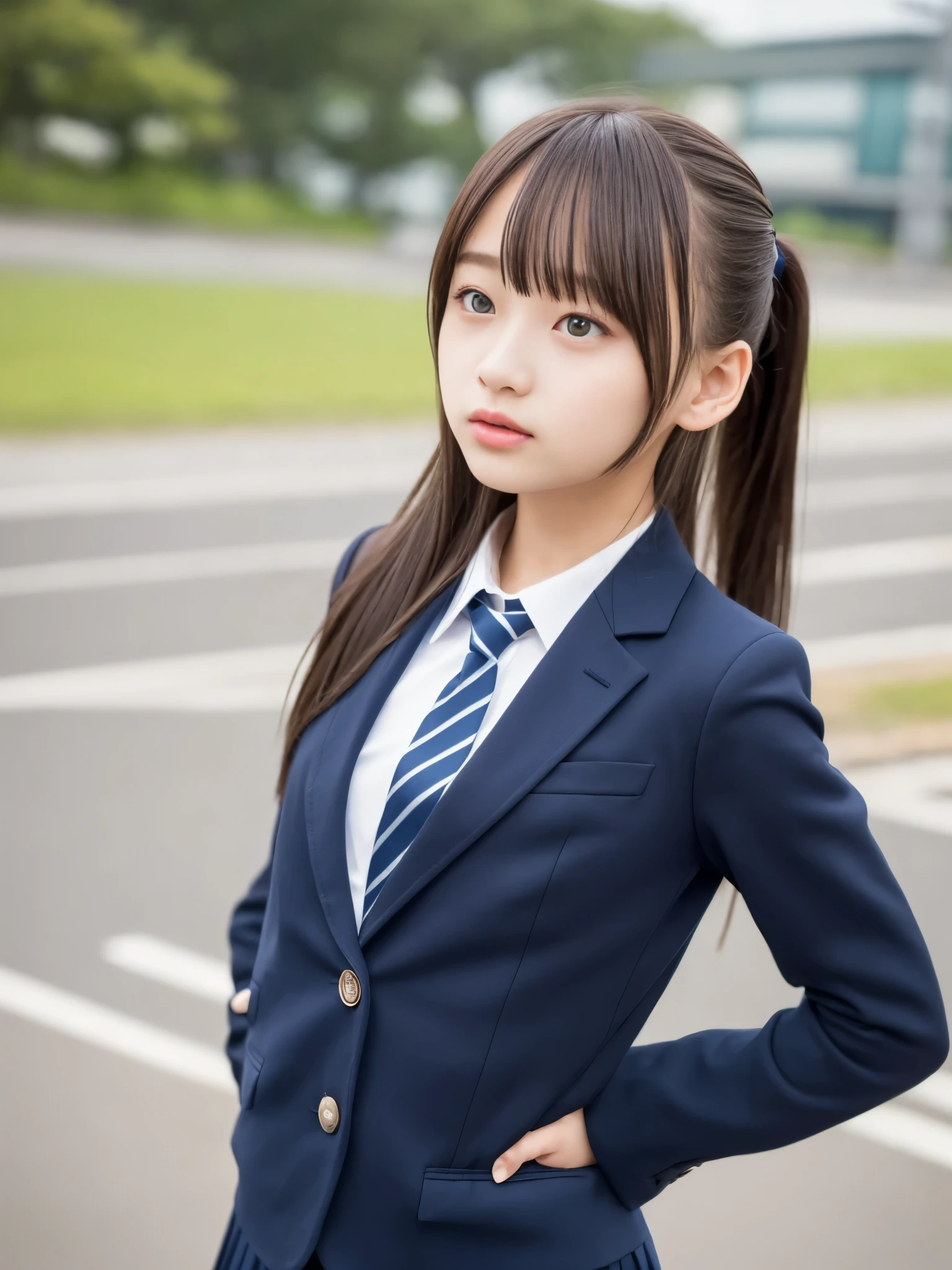 (masterpiece, highest quality:1.4), Award-winning portraits, 8k, 85mm, alone, Beautiful Face, Delicate girl, , (Dark navy blazer jacket, Put your arms behind your back, Close your face:1.2), Dark Navy Skirt, Long sleeve, Sophisticated, cute, Teen, Looking at the audience, , RAW Photos, Confused, High resolution, Sharp focus, Background blur、(((Flat 、thin and delicate body、Childish atmosphere)))、shiny semi-long hair、ponytail、Mole on the left cheek、 Dark blue eyes、Random Pause、the skirt is swaying in the wind、Hair swaying in the wind、sexy