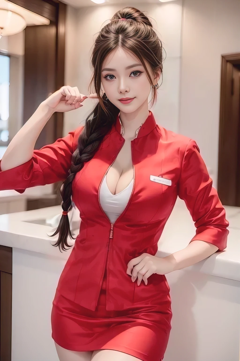 AirAsia red jacket uniform、Hair tied up、Red rubber band、Long hair that reaches down to the legs is tied behind the head、Long hair braided in a ponytail that reaches down to the legs、Long hair braided in a ponytail that reaches down to the legs hangs down over the top of her uniform.、Luxury earrings、Captivating look、Blue Eyes、Young Asian Woman