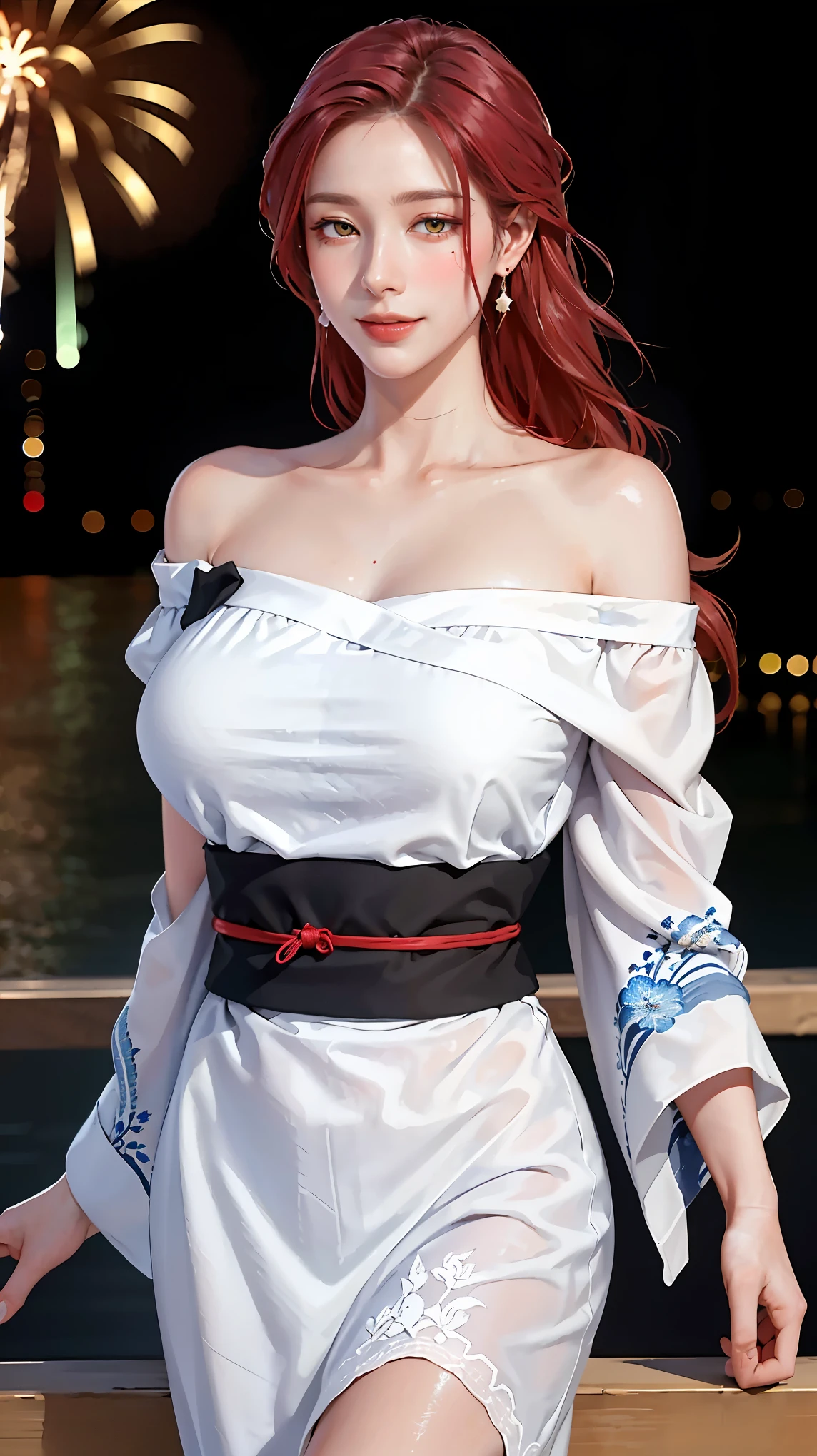 ((((masterpiece, best quality, high resolution)))), Extremely detailed 8K, Beautiful girl with voluptuous body, (Ultra HD, Ultra-detailed, Highly detailed, Highly realistic, Ultra-realistic, photograph realistic), (1girl:1.5), (Realistic red hair), (long wavy hair, earrings), (dynamic poses), facing at camera, looking at viewer, (blushing red, embarrassed, smile), (hazel eyes, sharp eyes), (big perky breasts:1.2), (beautiful detailed face, beautiful detailed eyes), ((fluffy off-shoulder yukata)), (standing up), sweat, glow, ((cowboy shot)), firework festival