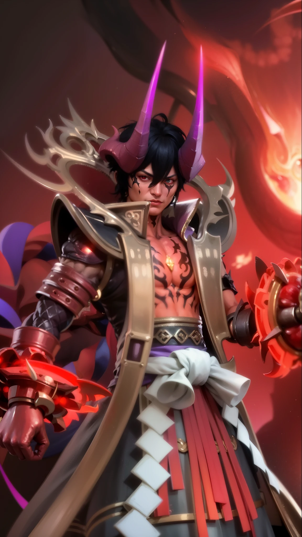 a close up of a person with a demonic face and a sword, Masterpiece, ultra HD, detailed all picture, a close up of a devil, dyrroth from mobile legend, evil, extremely detailed artgerm, mobile legends character, inspired by Dyrroth, Six pack chest and abs, yellow jewel above the chest, light red eyes, glare.