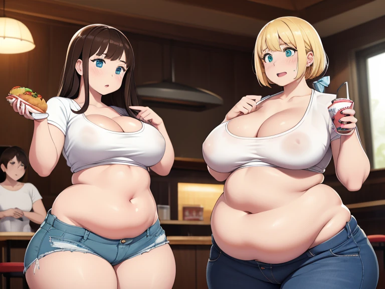 ((highres)), Masterpiece, high quality, best quality, beautiful, perfect lighting, detailed face, ultra cute face, ((2girls)), blush, one girl has blonde hair, blue eyes, crop top and shorts, one girl has brown hair, green eyes, jeans, white shirt, fast food restaurant, cleavage, medium breasts, ((wide hips)), (thick thighs), ((fat)), fat belly, belly grab, fat folds, grabbing each other fat Belly and , teasing her fat body