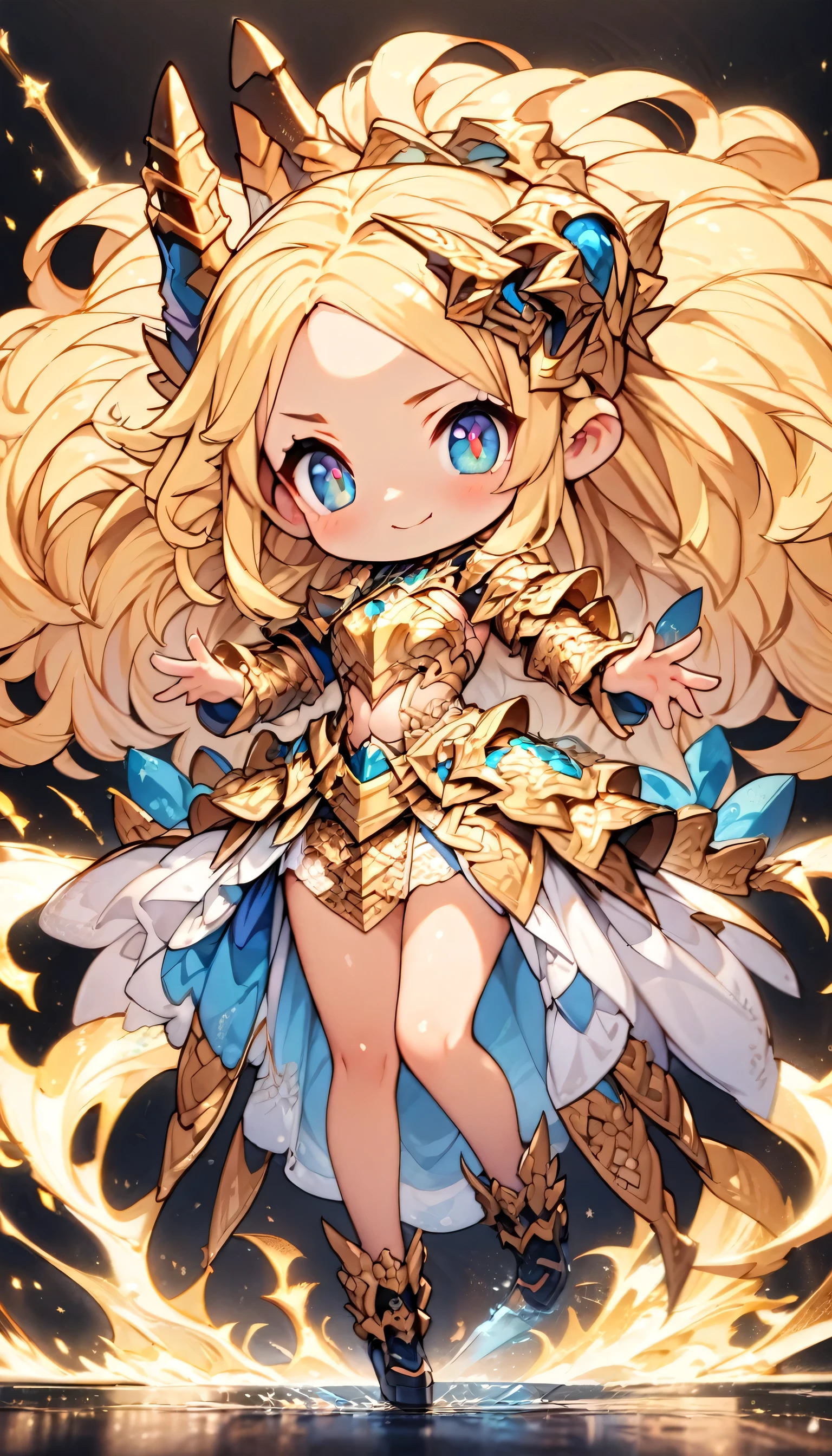masterpiece、Best Quality、Very detailed、High resolution、Japanese anime、1girl、chibi character, Blonde Hair、(Medium length hair:1.4)、Side braid hair、Curly Hair、Wavy Hair、Drill Hair、Curly Outward Hair、Dragon Horn、(blue eyes:1.5)、(Beautiful detailed eyes:1.4)、Laughter、12 years old、3 heads、original character、Fantasy、(Black Background:1.2)、(full body:1.8)、Beautiful fingers、Are standing、(Gold Lace Frill Armor Dress:1.5)、(Jeweled Headgear:1.5)、Photographed from the front、View your viewers