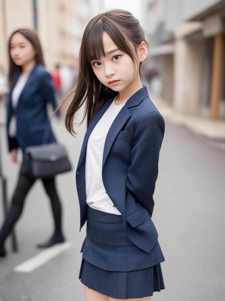 (masterpiece, highest quality:1.4), Award-winning portraits, 8k, 85mm, alone, Beautiful Face, Delicate girl, , (Dark navy blazer jacket, Put your arms behind your back, Close your face:1.2), Dark Navy Skirt, Long sleeve, Sophisticated, cute, , Looking at the audience, 15 yW Photos, Confused, High resolution, Sharp focus, Background blur、(((Flat 、thin and delicate body、Childish atmosphere)))、shiny semi-long hair、ponytail、Mole on the left cheek、 Dark blue eyes、Random Pause、the skirt is swaying in the wind、Hair swaying in the wind、sexy、topless