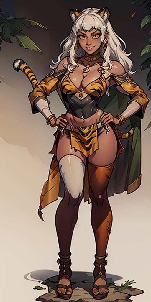 ((Masterpiece, plain background,1:2, masterpiece)) full body standing with two long yellow tiger print stockings, toned thighs, white silver hair, short bob hair, cleavage, separate yellow tiger print stockings thighs and sleeves, tiara royal, long cape up to two feet, yellow tiger bikini print, hands on waist, navel, lustful smirking smiling, smile face (red blushed, red cheeks) metal shoulders, armbands, black leather choker slave collar, full body standing with two long thighs and two metal sandals, red eyes, silver white hair, short bob hair, big knockers, cleavage, separate sleeves, tiara royal, long cape up to two feet, leather corset, yellow bikini, hands on hips, metal shoulders, armbands, black leather choker collar, shackles bracelets, slave red crest, pauldrons, loincloth standing, hands on hips, metal sandals, big belt, view from below, feet together, bracers, tiara, standing contrapposto straight symmetrical looking to viewer