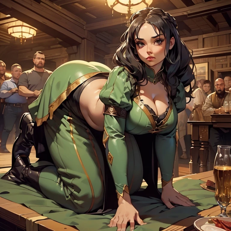 (Masterpiece), (detailed), (high res), (high quality), curvy medieval barmaid standing on the table with her back arched and drunk men watching her, green garments, black hair, (standing on table on all fours), pudgy, laying on table, (drunk men around her close), (men cant hold themselves), (giant booty seduction), (no self disciple), a lot of men, (men staring at her very close), (men very close to her), (dangerous men), (((a lot of men surrounding her very close to her body and grabbing her))), (graphic scene), (((man grabbing her fat)))