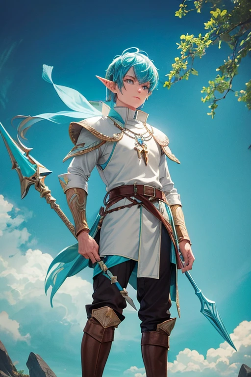 30 year old elf man with short spiky bluish turquoise hair, short messy hairstyle with fringes, pointed elf ears, white medieval priest armor clothing with light turquoise decorations, turquoise eyes holding a spear and trident, brown boots, brown leather belt, wave ornaments on the belt, forest background with magic symbols