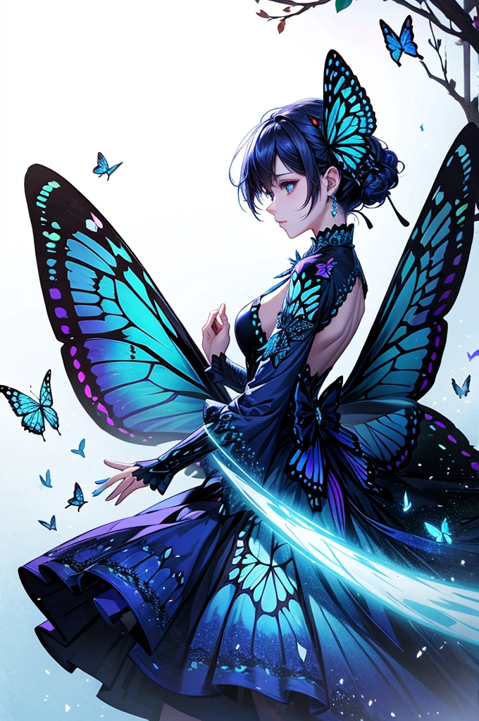 There was a woman in a dress surrounded by butterflies, Glowing blue butterfly, Butterflies float in the sky, Butterflies, author：Han Gan, Glowing butterflies, by Yang J, butterflies flying, personal profile picture, inspired by Ross Tran, loish and ross tran, Butterfly, author：Ju Chao, ethereal wings, Profile picture, By Li Song, Butterfly wings，Highest image quality，