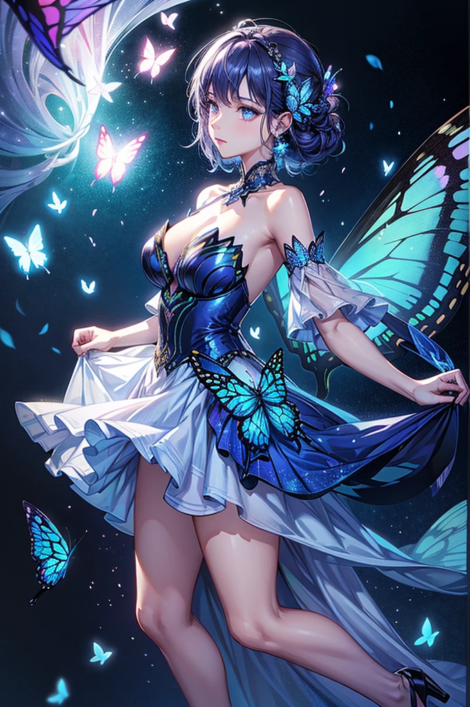 There was a woman in a dress surrounded by butterflies, Glowing blue butterfly, Butterflies float in the sky, Butterflies, author:Han Gan, Glowing butterflies, by Yang J, butterflies flying, personal profile picture, inspired by Ross Tran, loish and ross tran, Butterfly, author:Ju Chao, ethereal wings, Profile picture, By Li Song, Butterfly wings,Highest image quality,