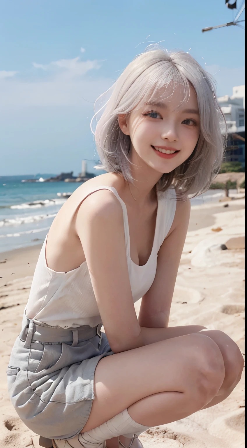 Best image quality、RAW Photos、超A high resolution、21 years old Korean、Small breasts、Dynamic Angle、Cowboy Shot、Chaos in its most beautiful form、elegant、Brutalist Design、Vibrant colors、Beautiful white hair、Short Bob、smile、fun、smile、Glowing White Skin、Beautiful eyes with random colors、Very thin lips、Beautiful eyes in every detail、length, Narrow eyes、Cheeks are pale pink、length eyelashes、Beautiful double eyelids、eye shadow、Bright white hair、Overalls、Sandy Beach、Shooting from the side、squat、The wind is blowing