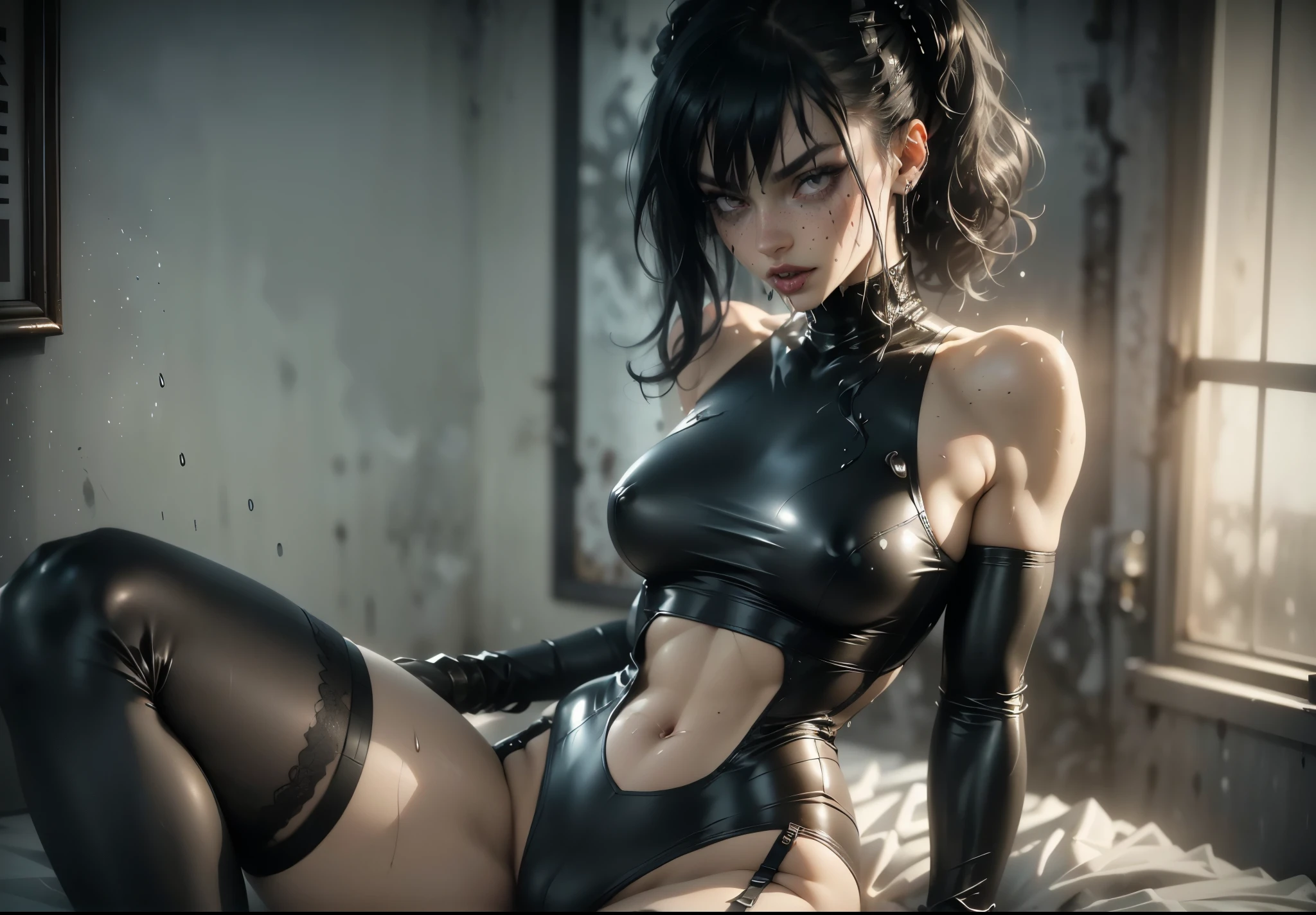 ((Perfect eyes)), ((wet)),(((white cum))), ((reveling tight underwear)), ((she has a very skinny and toned strong body)), ((makeup)), ((freckles)), ((perfect eyebrows)), ((sharper edges)), ((perfect scary grey eyes)), perfect intimidating face, slut, sadistic, predatory, better detail on her skin, ((a lot of white cum dripping down from her body)) ,better detain on her hair, (((she has sexy stockings and sexy high heels on))),((blood stains on the floor)), perfect face and strong jawline, perfect full wet lips, sadistic atmosphere, ((( a lot of white cum is dripping down her body))), wet sweaty skin, more detail, beautiful intimidating grey eyes, bigger , bigger butt, ((beautiful horror)), better lighting, more toned muscles, perfect detail on her intimidating eyes, very tight underwear, ((tight pussy)), (((tighter clothing))), slutty, intense, perfect detail, tight abd sexy, ((piercings)), better detail on her bellybutton