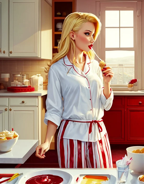 Attractive blonde with red lipstick, wearing white pyjamas, full length, view from afar, eating ice cream in the kitchen at night, caught off guard, startled, confused, watercolor, airbrush, caricature