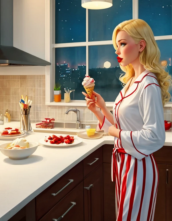 Attractive blonde with red lipstick, wearing white pyjamas, full length, view from afar, eating ice cream in the kitchen at night, caught off guard, startled, confused, watercolor, airbrush, caricature