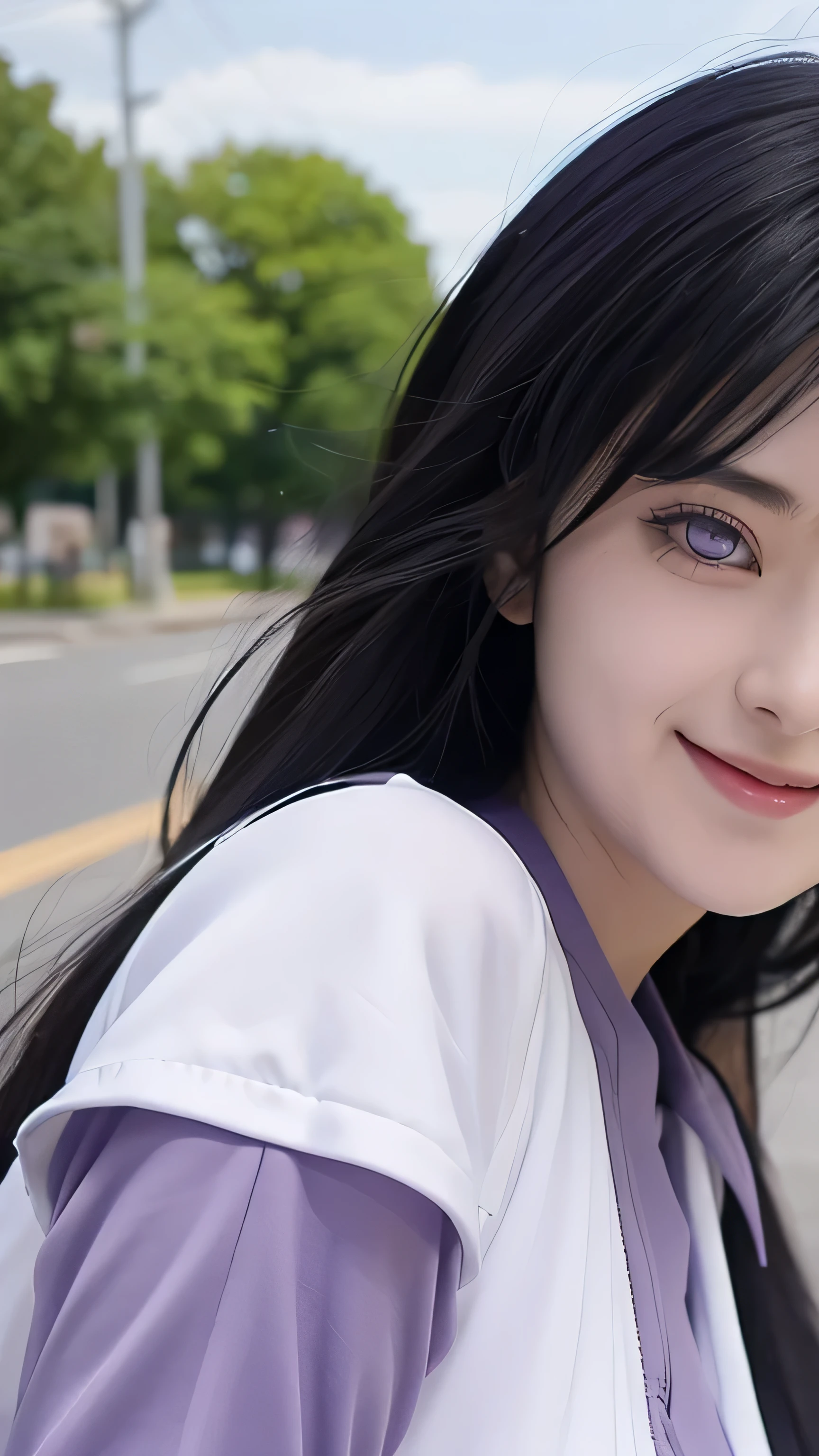 1girl, hyuga hinata in anime naruto, long hair, black hair, white eyes, smile, beautiful, purple clothes, very big breast, realistic clothes, detail clothes, outdoor background, ultra detail, realistic