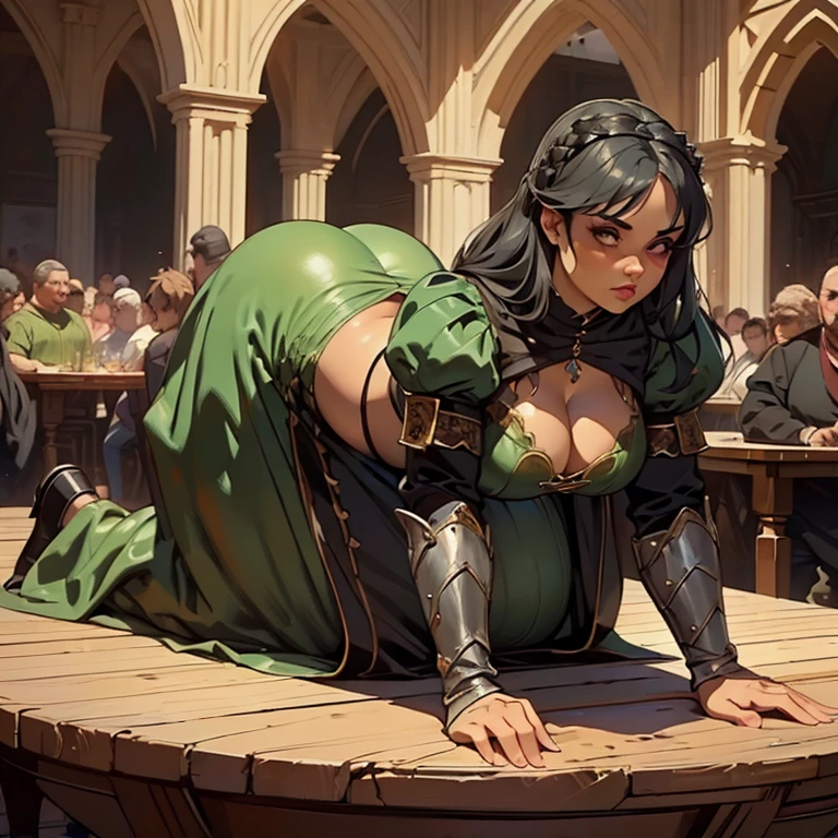 (Masterpiece), (detailed), (high res), (high quality), curvy medieval barmaid standing on the table with her back arched and drunk men watching her while she is getting backshots, green garments, black hair, (standing on table on all fours), pudgy, laying on table, (drunk men around her close), (men cant hold themselves), (giant booty seduction), (no self disciple), a lot of men, (men staring at her very close), (men very close to her), (dangerous men), (((a lot of men surrounding her very close to her body and grabbing her))), (graphic scene), (((man grabbing her fat)))