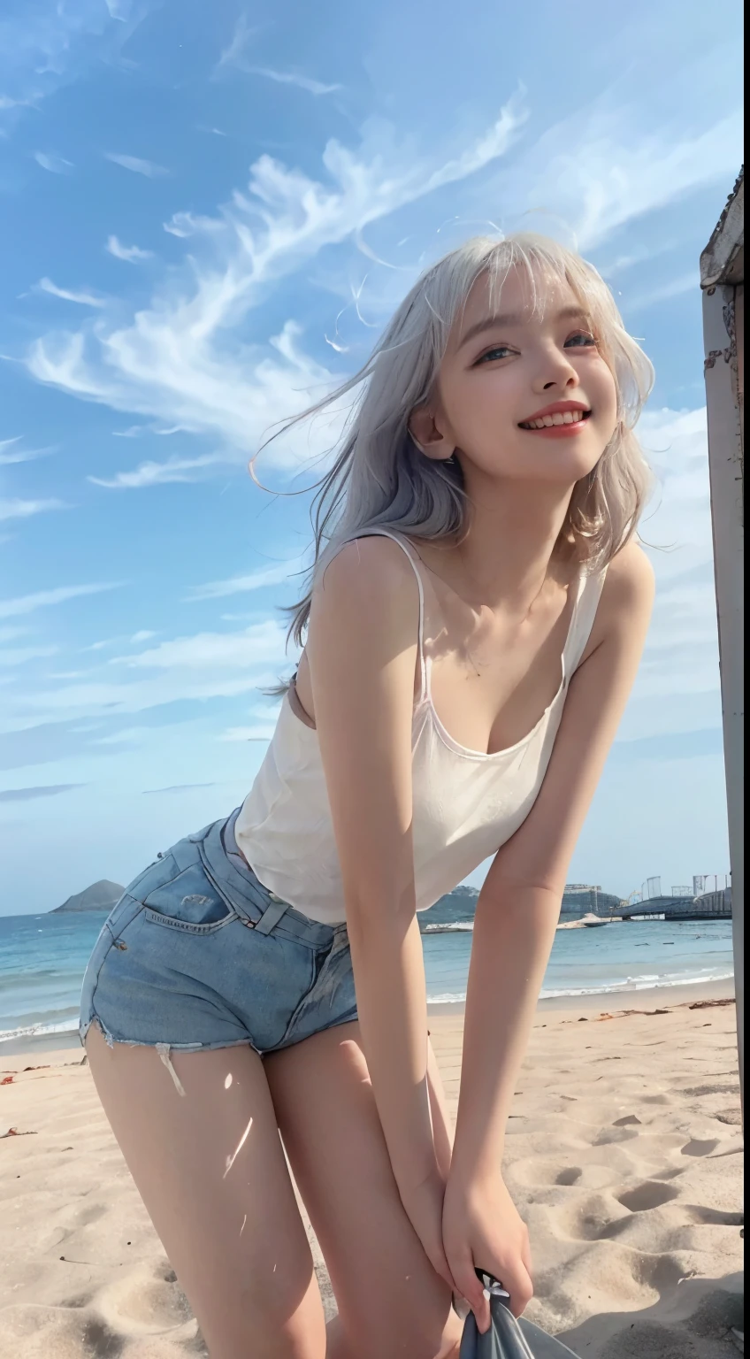 Best image quality、RAW Photos、超A high resolution、21 years old Korean、Small breasts、Dynamic Angle、Cowboy Shot、Chaos in its most beautiful form、elegant、Brutalist Design、Vibrant colors、Beautiful white hair、Short Bob、smile、fun、smile、Glowing White Skin、Beautiful eyes with random colors、Very thin lips、Beautiful eyes in every detail、length, Narrow eyes、Cheeks are pale pink、length eyelashes、Beautiful double eyelids、eye shadow、Bright white hair、Overalls、Sandy Beach、Shooting from the side、squat、The wind is blowing