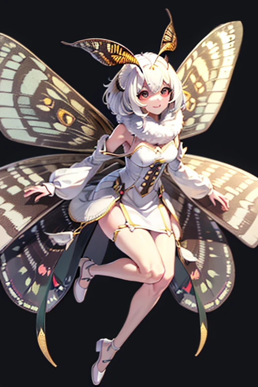 solo,1woman\(cute,kawaii,small kid,skin color white,short white hair,(big moth wing hair:1.7),white dress\(beautiful race\),(2moth antennaes at hair:1.8),smile,[moth wing on back:2.0],[moth wing on body:2.0],[moth wings:2.0],[extra arm],moth wing is only at hair,breast,dynamic pose\),background\(soft dappled sunlight,beautiful forest,dark,\), BREAK ,quality\(8k,wallpaper of extremely detailed CG unit, ​masterpiece,hight resolution,top-quality,top-quality real texture skin,hyper realisitic,increase the resolution,RAW photos,best qualtiy,highly detailed,the wallpaper,cinematic lighting,ray trace,golden ratio,\),full body