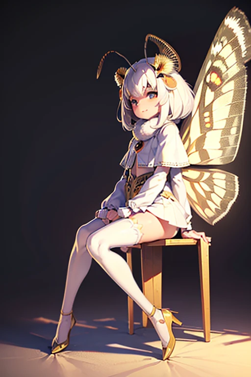 solo,1woman\(cute,kawaii,small kid,skin color white,short white hair,(big moth wing hair:1.7),white dress\(beautiful race\),(2moth antennaes at hair:1.8),smile,[moth wing on back:2.0],[moth wing on body:2.0],[moth wings:2.0],[extra arm],moth wing is only at hair,breast,dynamic pose\),background\(soft dappled sunlight,beautiful forest,dark,\), BREAK ,quality\(8k,wallpaper of extremely detailed CG unit, ​masterpiece,hight resolution,top-quality,top-quality real texture skin,hyper realisitic,increase the resolution,RAW photos,best qualtiy,highly detailed,the wallpaper,cinematic lighting,ray trace,golden ratio,\),full body