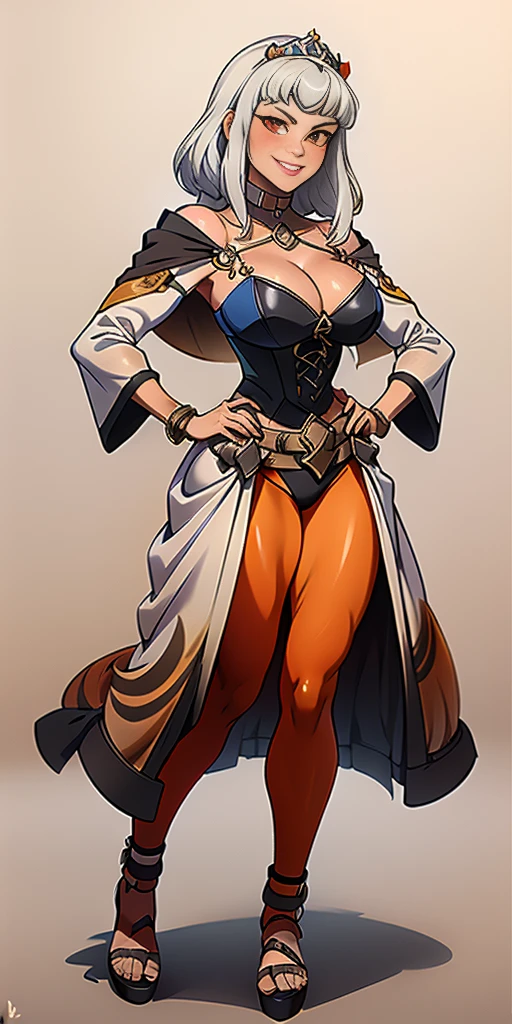((Masterpiece, plain background,1:2, masterpiece)) full body standing with two long yellow tiger print stockings, toned thighs, white silver hair, short bob hair, cleavage, separate yellow tiger print stockings thighs and sleeves, tiara royal, long cape up to two feet, yellow tiger bikini print, hands on waist, navel, lustful smirking smiling, smile face (red blushed, red cheeks) metal shoulders, armbands, black leather choker slave collar, full body standing with two long thighs and two metal sandals, red eyes, silver white hair, short bob hair, big knockers, cleavage, separate sleeves, tiara royal, long cape up to two feet, leather corset, yellow bikini, hands on hips, metal shoulders, armbands, black leather choker collar, shackles bracelets, slave red crest, pauldrons, loincloth standing, hands on hips, metal sandals, big belt, view from below, feet together, bracers, tiara, standing contrapposto straight symmetrical looking to viewer