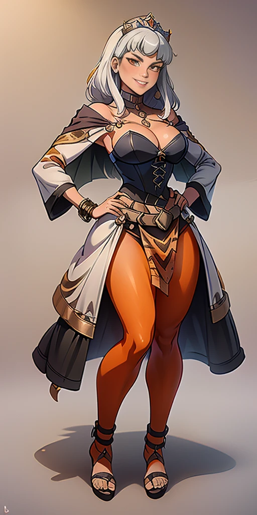 ((Masterpiece, plain background,1:2, masterpiece)) full body standing with two long yellow tiger print stockings, toned thighs, white silver hair, short bob hair, cleavage, separate yellow tiger print stockings thighs and sleeves, tiara royal, long cape up to two feet, yellow tiger bikini print, hands on waist, navel, lustful smirking smiling, smile face (red blushed, red cheeks) metal shoulders, armbands, black leather choker slave collar, full body standing with two long thighs and two metal sandals, red eyes, silver white hair, short bob hair, big knockers, cleavage, separate sleeves, tiara royal, long cape up to two feet, leather corset, yellow bikini, hands on hips, metal shoulders, armbands, black leather choker collar, shackles bracelets, slave red crest, pauldrons, loincloth standing, hands on hips, metal sandals, big belt, view from below, feet together, bracers, tiara, standing contrapposto straight symmetrical looking to viewer