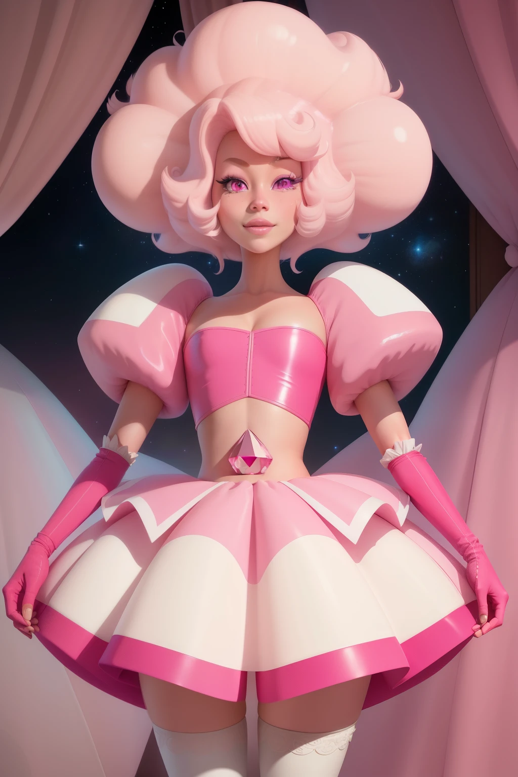 pnkdamond, pink hair, pink eyes,  big hair,  stomach gem,  pink skin,  toned, 
puffy short sleeves, elbow gloves ,  white thighhighs,   puffy dress, 
standing, upper body, 
 outerspace,  
(insanely detailed, beautiful detailed face,beautiful detailed eyes, masterpiece, best quality) cinematic lighting,  smile, 
 