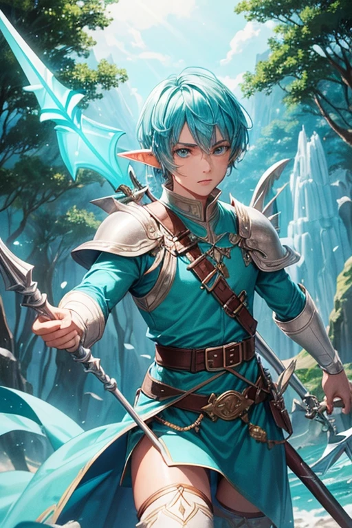 30 year old elf man with short spiky bluish turquoise hair, short messy hairstyle with fringes, pointed elf ears, white medieval priest armor clothing with light turquoise decorations, turquoise eyes holding a spear and trident, brown boots, brown leather belt, wave ornaments on the belt, forest background with magic symbols