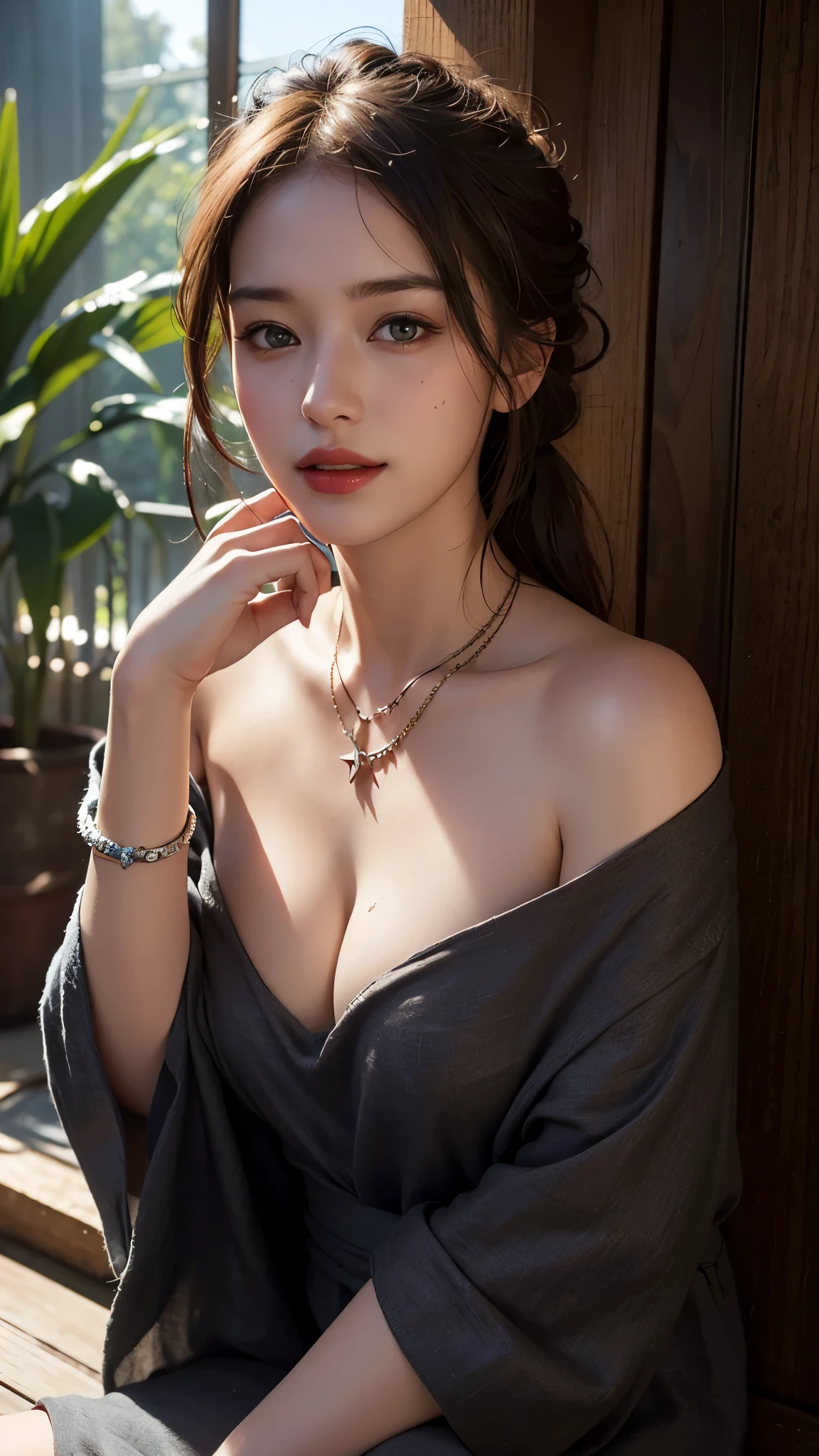 Top Quality, Masterpiece, Ultra High Definition, (Photorealistic: 1.4), Raw Photo, 1 Girl, Off Shoulder, (((Dark)), Deep Shadows, Low Key, Cold Light, Dimly Laughing, Necklace