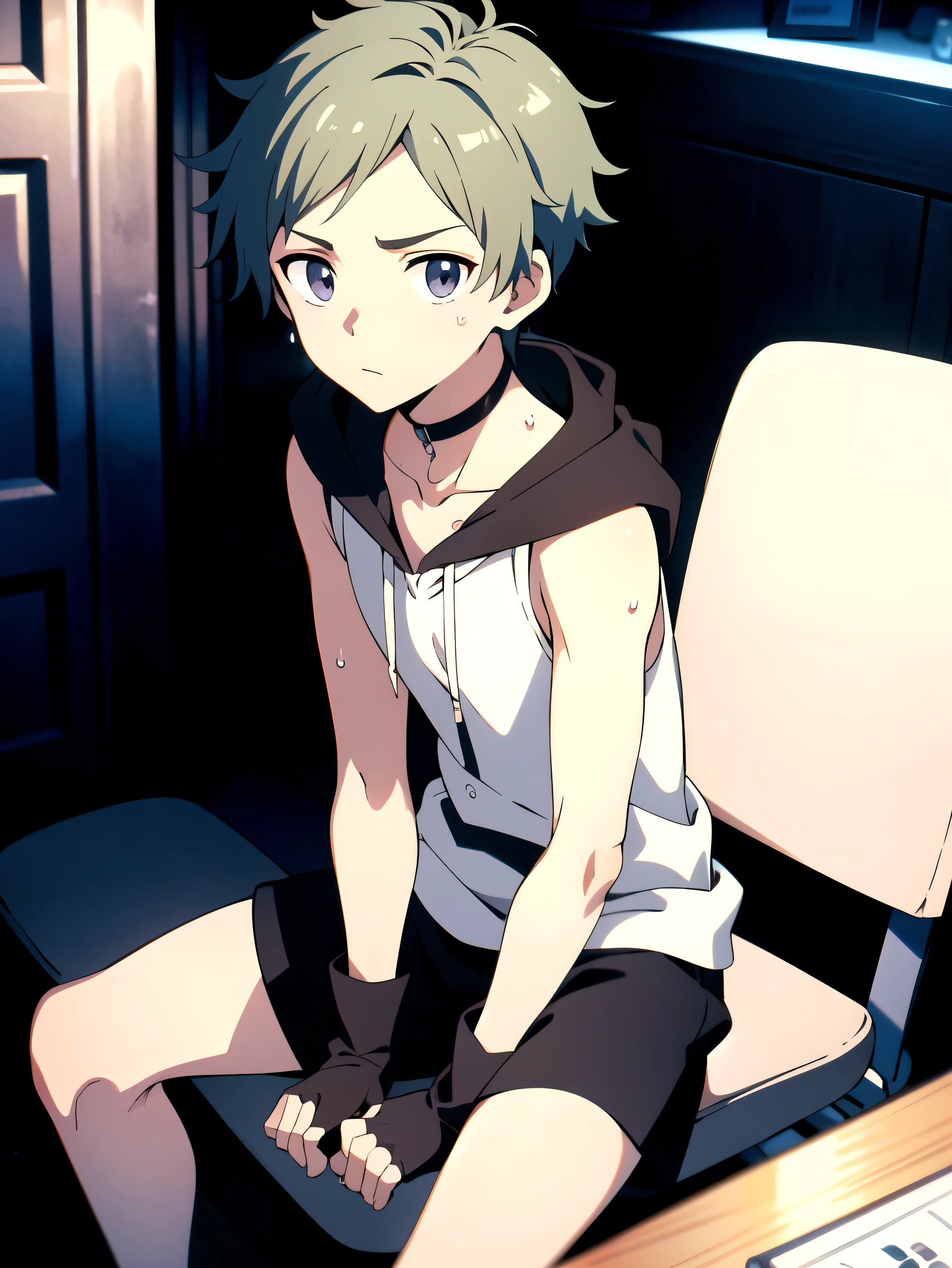 Highres, Masterpiece, Best quality at best,Best Quality,hight quality, hight detailed, 1boy, Boy, boy, Fluffy hair, Side bangs, Sweat, Sleeveless hoodie, Choker, Glove, Sleeve cover, Collarbone, Depth of field, Anime screencap style, thin line, Sitting on the chair, Seen from the front, Little sweat, Kpop, Cute bolim body, 15-year-oldoysurry simple beckground, bokeh, Uhd