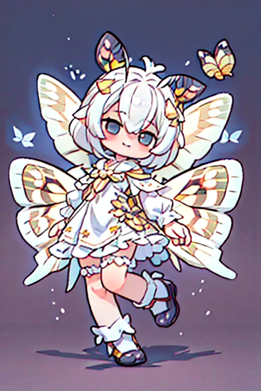 solo,1woman\(cute,kawaii,,skin color white,short white hair,(big moth wing hair:1.7),white dress\(beautiful race\),(2moth antennaes at hair:1.8),smile,[moth wing on back:2.0],[moth wing on body:2.0],[moth wings:2.0],[extra arm],moth wing is only at hair,breast,dynamic pose\),background\(soft dappled sunlight,beautiful forest,dark,\), BREAK ,quality\(8k,wallpaper of extremely detailed CG unit, ​masterpiece,hight resolution,top-quality,top-quality real texture skin,hyper realisitic,increase the resolution,RAW photos,best qualtiy,highly detailed,the wallpaper,cinematic lighting,ray trace,golden ratio,\),full body