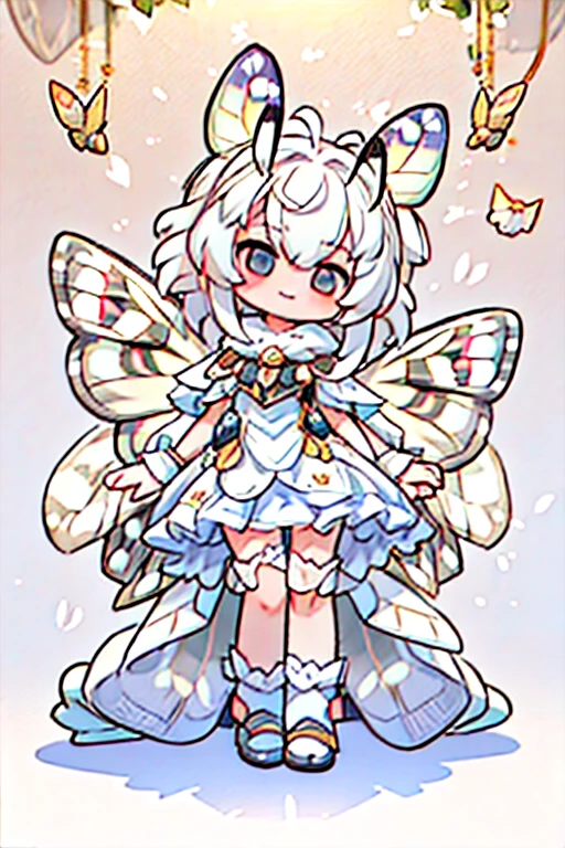 solo,1woman\(cute,kawaii,,skin color white,short white hair,(big moth wing hair:1.7),white dress\(beautiful race\),(2moth antennaes at hair:1.8),smile,[moth wing on back:2.0],[moth wing on body:2.0],[moth wings:2.0],[extra arm],moth wing is only at hair,breast,dynamic pose\),background\(soft dappled sunlight,beautiful forest,dark,\), BREAK ,quality\(8k,wallpaper of extremely detailed CG unit, ​masterpiece,hight resolution,top-quality,top-quality real texture skin,hyper realisitic,increase the resolution,RAW photos,best qualtiy,highly detailed,the wallpaper,cinematic lighting,ray trace,golden ratio,\),full body