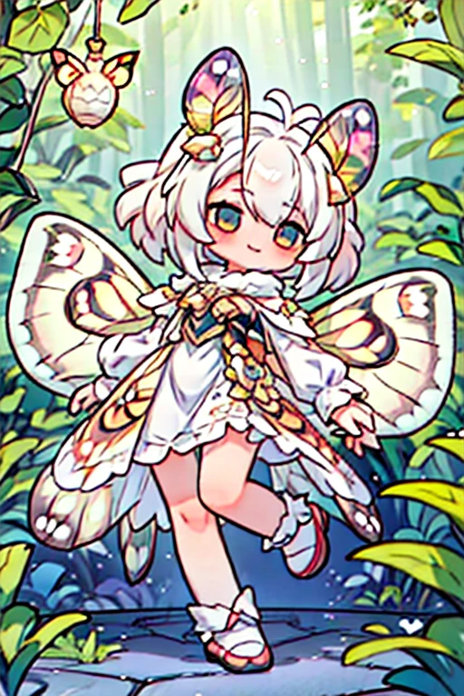 solo,1woman\(cute,kawaii,,skin color white,short white hair,(big moth wing hair:1.7),white dress\(beautiful race\),(2moth antennaes at hair:1.8),smile,[moth wing on back:2.0],[moth wing on body:2.0],[moth wings:2.0],[extra arm],moth wing is only at hair,breast,dynamic pose\),background\(soft dappled sunlight,beautiful forest,dark,\), BREAK ,quality\(8k,wallpaper of extremely detailed CG unit, ​masterpiece,hight resolution,top-quality,top-quality real texture skin,hyper realisitic,increase the resolution,RAW photos,best qualtiy,highly detailed,the wallpaper,cinematic lighting,ray trace,golden ratio,\),full body