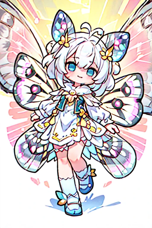 solo,1woman\(cute,kawaii,small kid,skin color white,short white hair,(big moth wing hair:1.7),white dress\(beautiful race\),(2moth antennaes at hair:1.8),smile,[moth wing on back:2.0],[moth wing on body:2.0],[moth wings:2.0],[extra arm],moth wing is only at hair,breast,dynamic pose\),background\(soft dappled sunlight,beautiful forest,dark,\), BREAK ,quality\(8k,wallpaper of extremely detailed CG unit, ​masterpiece,hight resolution,top-quality,top-quality real texture skin,hyper realisitic,increase the resolution,RAW photos,best qualtiy,highly detailed,the wallpaper,cinematic lighting,ray trace,golden ratio,\),full body